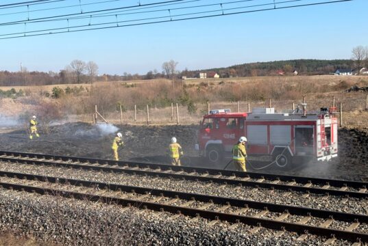 Pożar traw przy torach w Wymysłowie